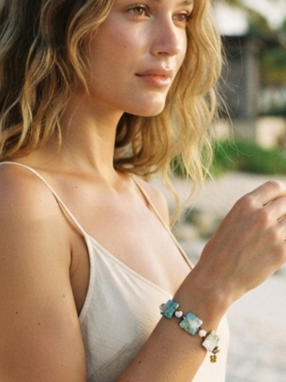 NWOT Laiclay Handmade Turquoise & Gold Splash Square Bead Bracelet